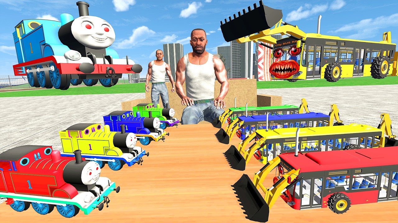 Thomas Train Vs Horror JCB Bus & Franklin In Indian Bike Driving 3d