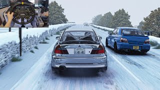 Mitsubishi Lancer Evolution VI & Subaru Impreza WRX STI on Snowy Roads - Assetto Corsa | Moza R16