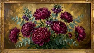 Deep Crimson Peonies & Dahlias - Golden Luxury Floral Screensaver screenshot 4