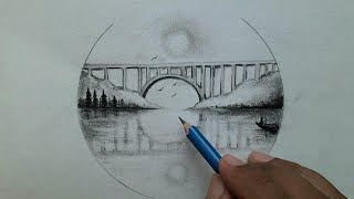 how to draw Nature Scenery with bridge / beautiful pencil scenery drawing for beginners