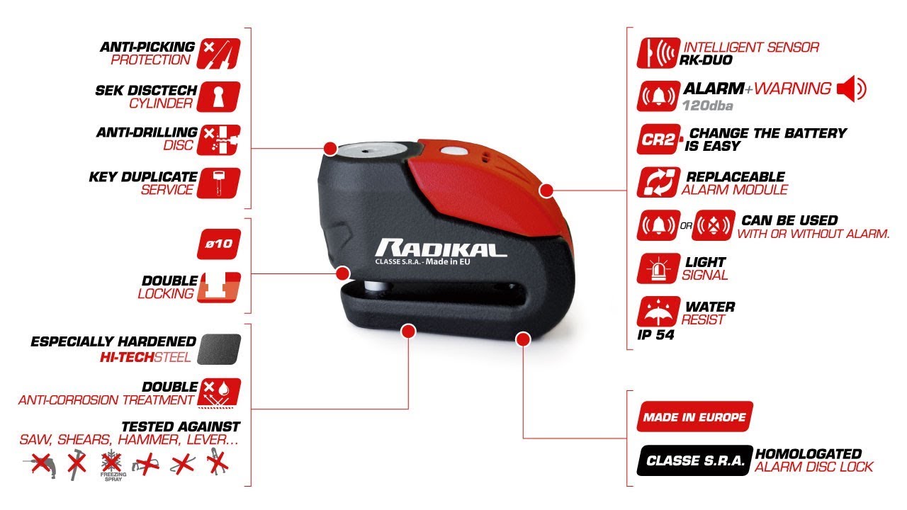 RADIKAL RK10 ALARM DISC LOCK - Hi-Tech motorcycle anti-theft protection made in Europe.