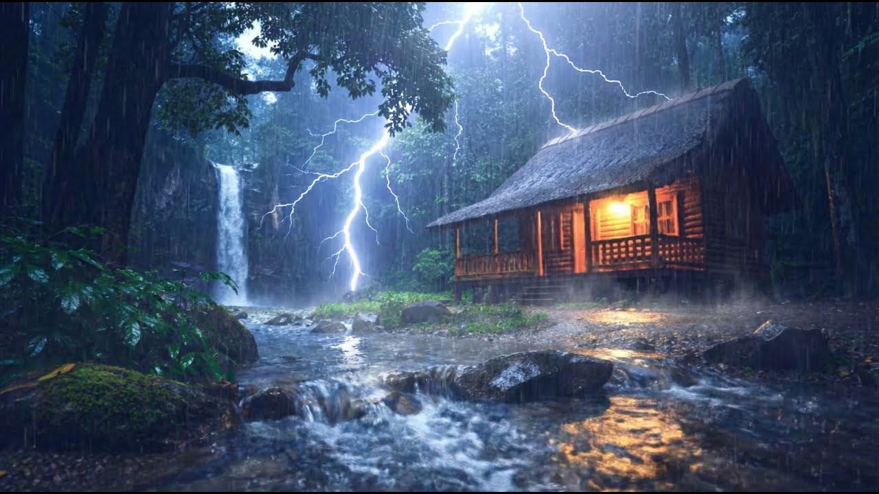 Deep Sleep Ambience | Cozy Cabin Thunderstorm, Heavy Rain & Waterfall ...