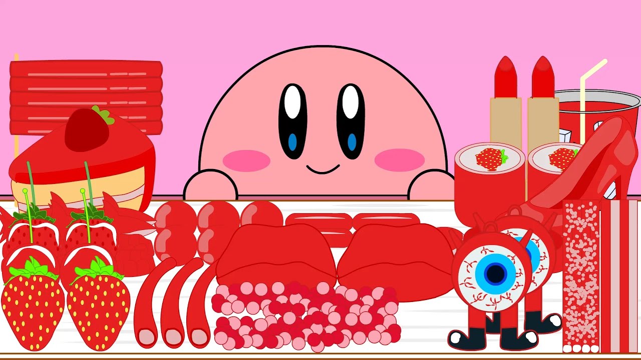 Kirby Animation Eating Red Food Desserts, Strawberry, Tanghulu, Giant