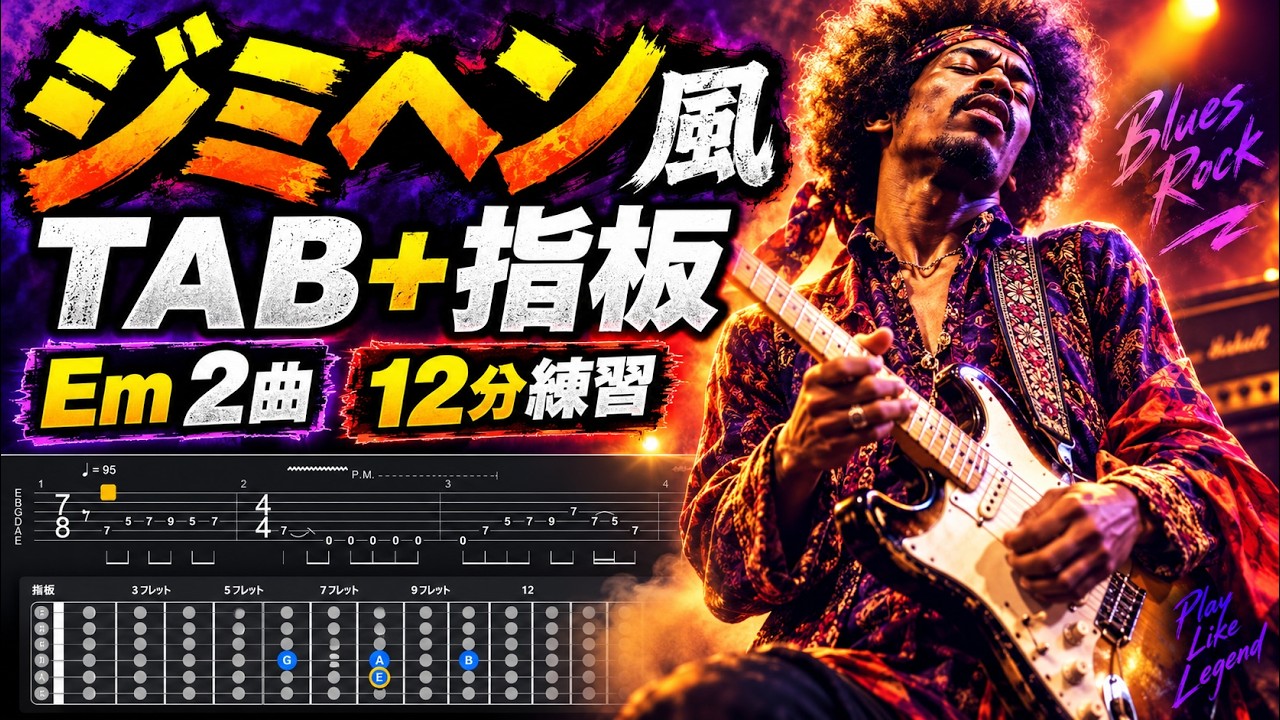 TAB譜＋指板】ジミヘン風ブルースロックを12分練習｜Emギター練習曲2曲