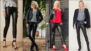 Top skinny faux latex & leather leggings outfits //stylish leather pants and laggings designs