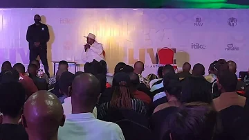 Teacher Mpamire as President Museveni in Kigali Seka Live Comedy Show