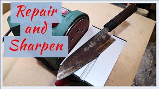Chipped and rusted, broken tip japanese knife restoration and sharpening with Naniwa whetstones