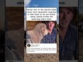 Farmer sits on the ground under heavy farm equipment repairing it with tools as his pet #shorts
