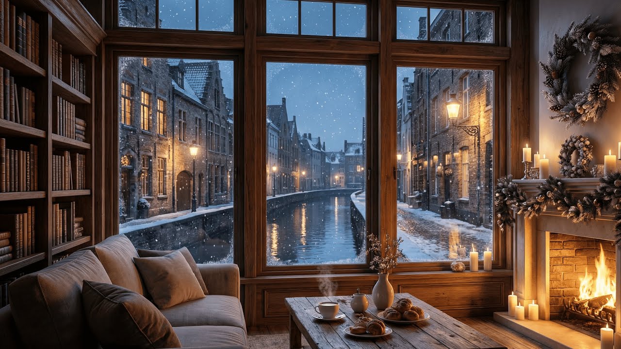 リラックスできる冬の夜カフェ｜暖炉と本棚に包まれるcozyジャズピアノ