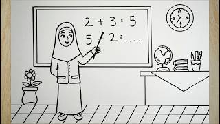 Cara Menggambar Guru Berhijab Sedang Mengajar