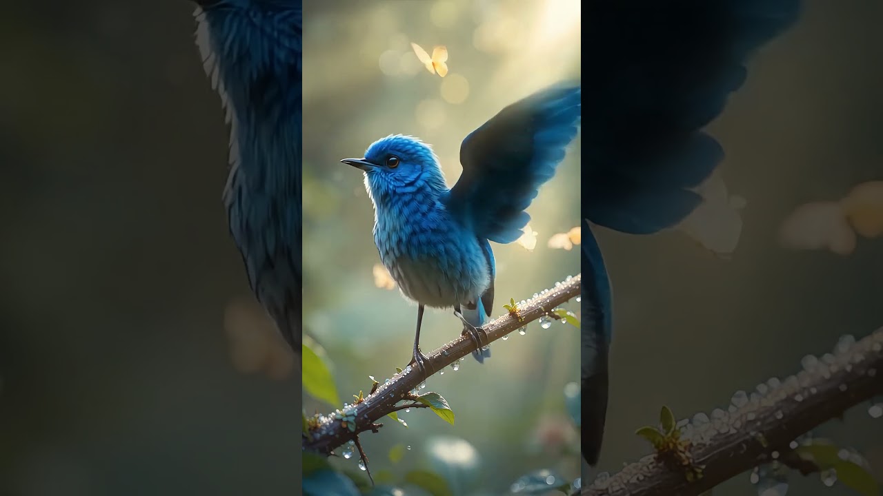 Blue Songbird in a Magical Morning – AI Animation with Glowing Butterflies  