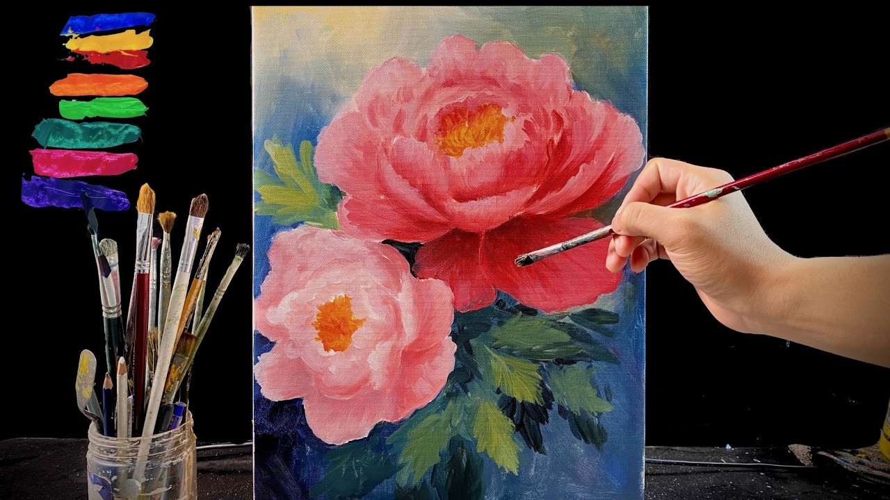 🌸 Painting Elegant Pink Peonies with Acrylics | Relaxing Flower Art for Beginners 