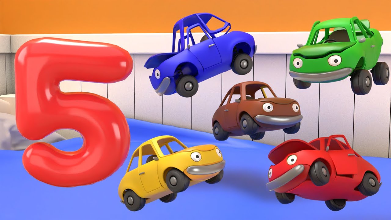 Five Little Cars Jumping On The Bed | Nursery Rhyme | Kids Song