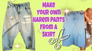 How To Make Denim Harem Pants From a Jean Skirt THRIFT FLIP