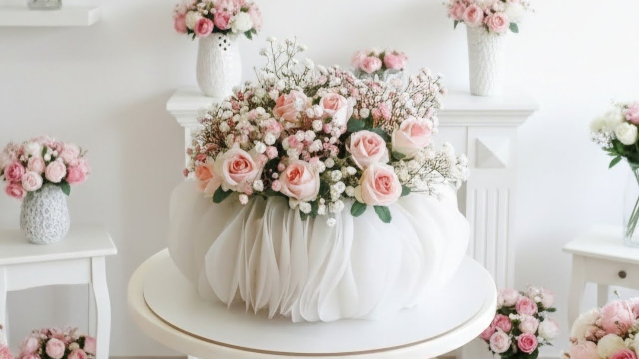 كيكة المزهرية بشكلها الجميل 😍😍 تعلم طريقة عملها خطوة بخطوة بورق الويفر او ورق الكلك او الزبدة 🌸🫶🏻💖