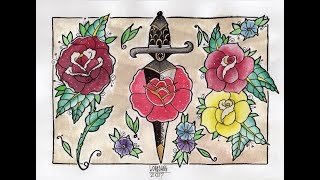 TIMELAPSE - Roses Tattoo Flash •WATERCOLOR•