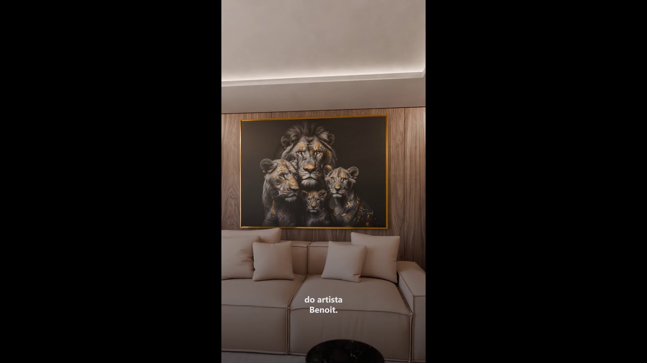 Vídeo de Quadro Família de Leões Folhas de Ouro