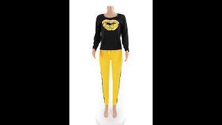 Plus Size 3 Colors Pockets Lip Printing Contrast Color Autumn Stretch Two-Piece Set A42964