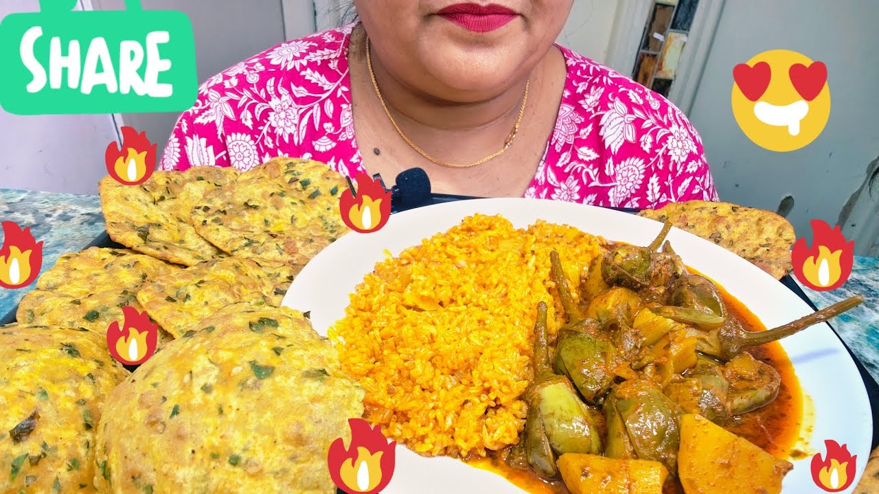 ASMR:EATING BHARVA BAINGAN KI SABJI WITH PULAV&METHI PURI🔥