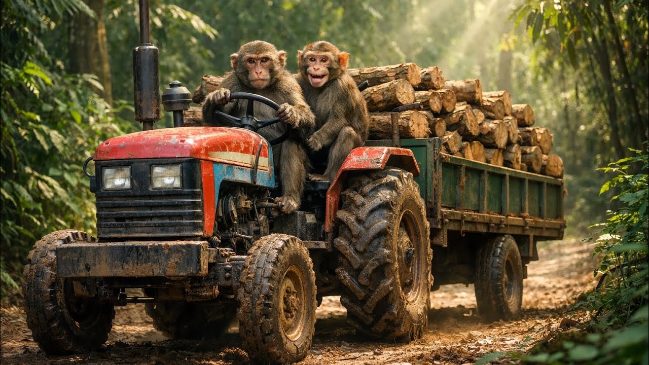 Funny Monkeys Loading Wood on Tractor | Monkey Tractor Jungle Story | Village Fun Video