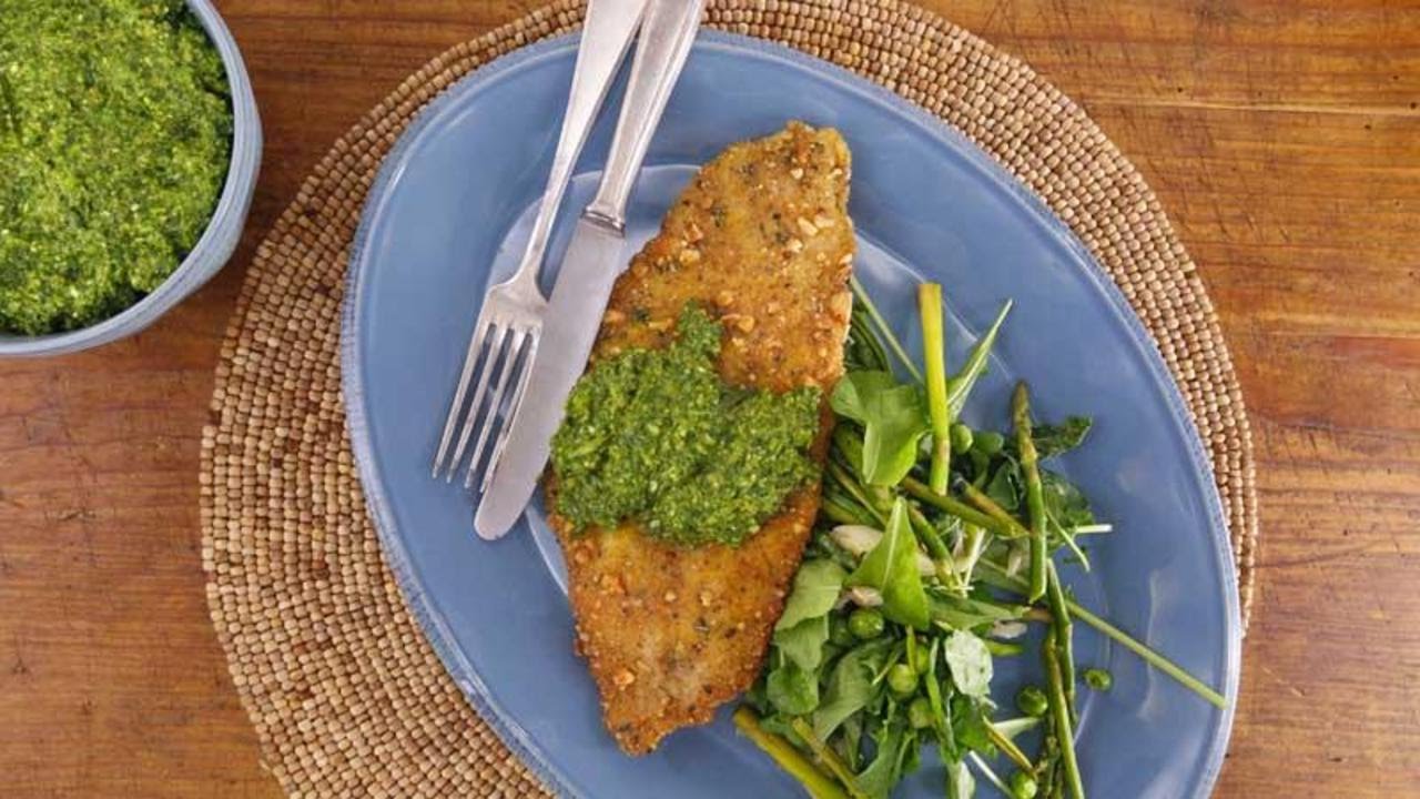 Filet of Sole Cutlets with Lemon-Chard Pesto, Spring Vegetables and Arugula | Rachael Ray Show