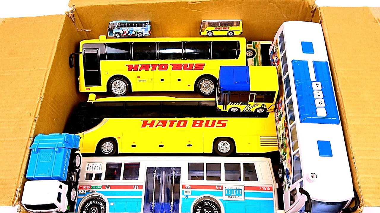 バスとゴミ収集車のミニカーを箱に集めました。チェック&坂道走行テスト！サウンド鳴る
