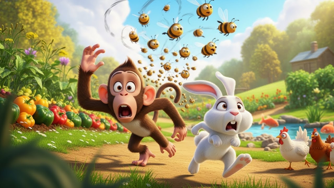 🐒 🐇Cute Monkey and Rabbit Farm Life | Funny Animal Friendship & Bee Chase!