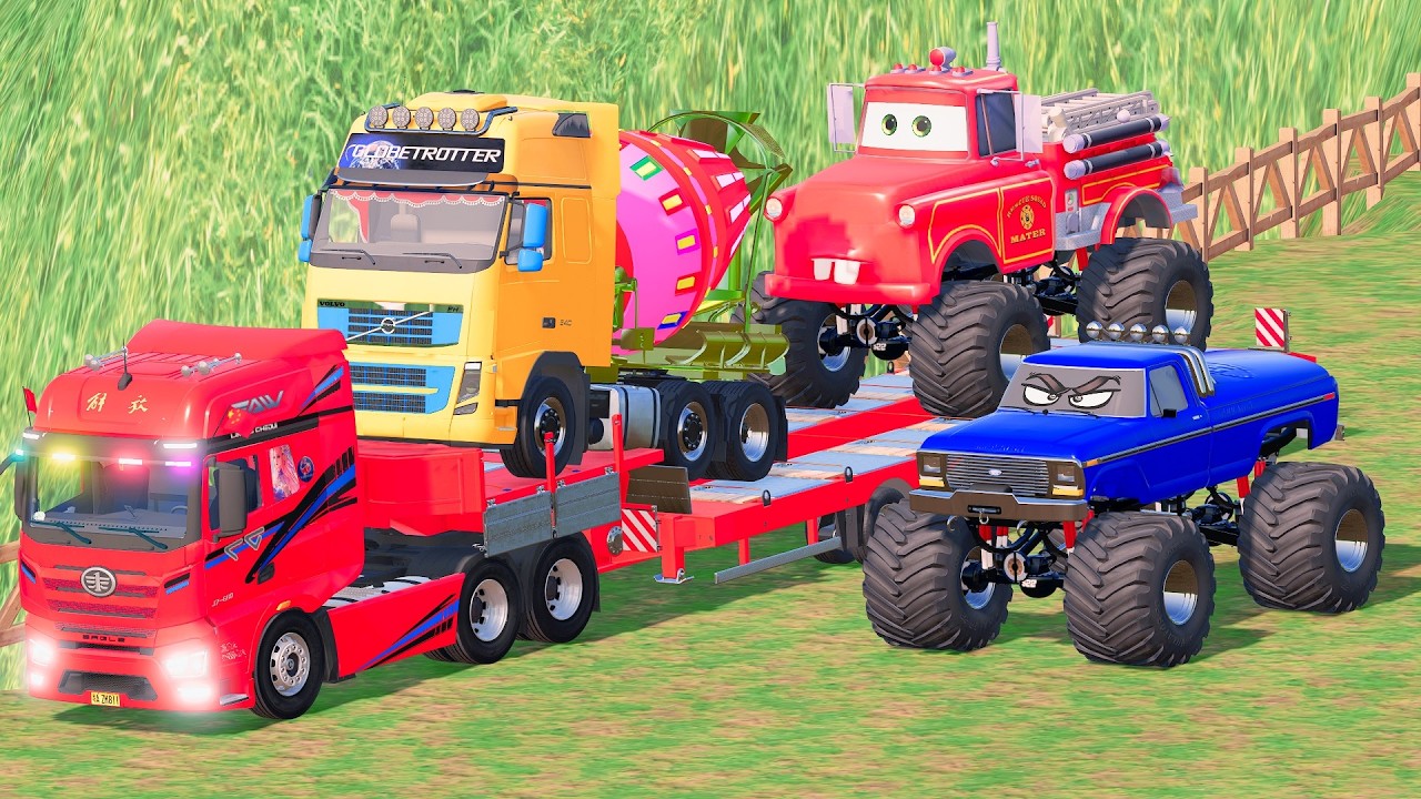 TRANSPORTING POLICE CARS, AMBULANCE, FIRE TRUCK, COLORFUL CARS WITH TRAIN -FARMING SIMULATOR 22!