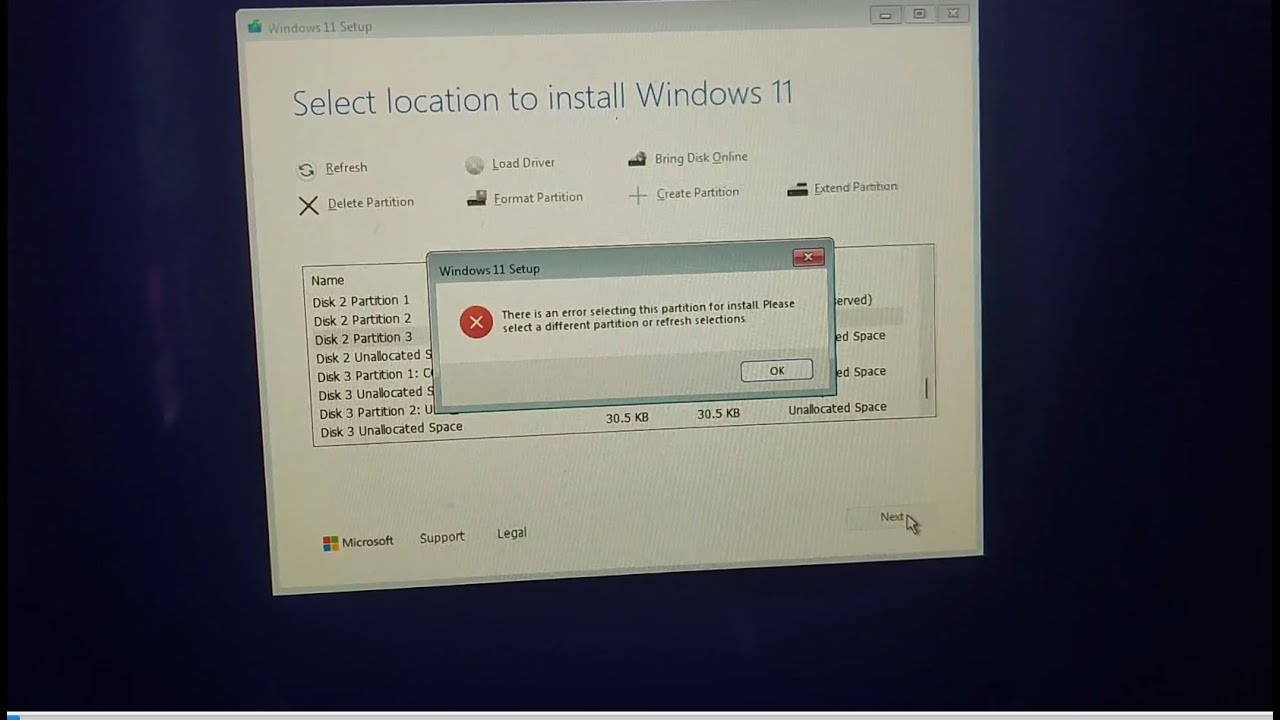 There is an error selecting this partition for install please select a