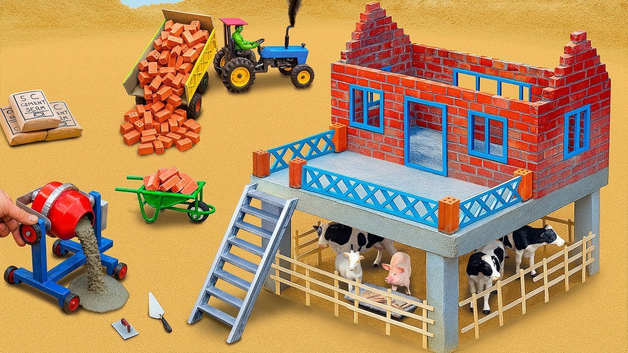 DIY Construction Science Project: Mini Brick 2-Story House & Cow Shed Collapsed in Flood