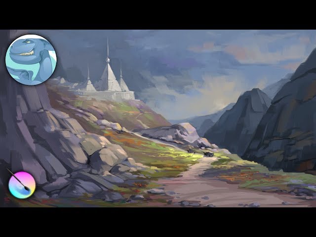 Mountain landscape with white towers. Digital painting with Krita.