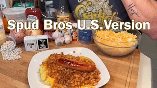 Spud Bros British🇬🇧 Beans🫘 & 3 Cheddar🧀 Blend, Perfectly Fluffy Potatoes, Garlic Butter 🧈, Sausage