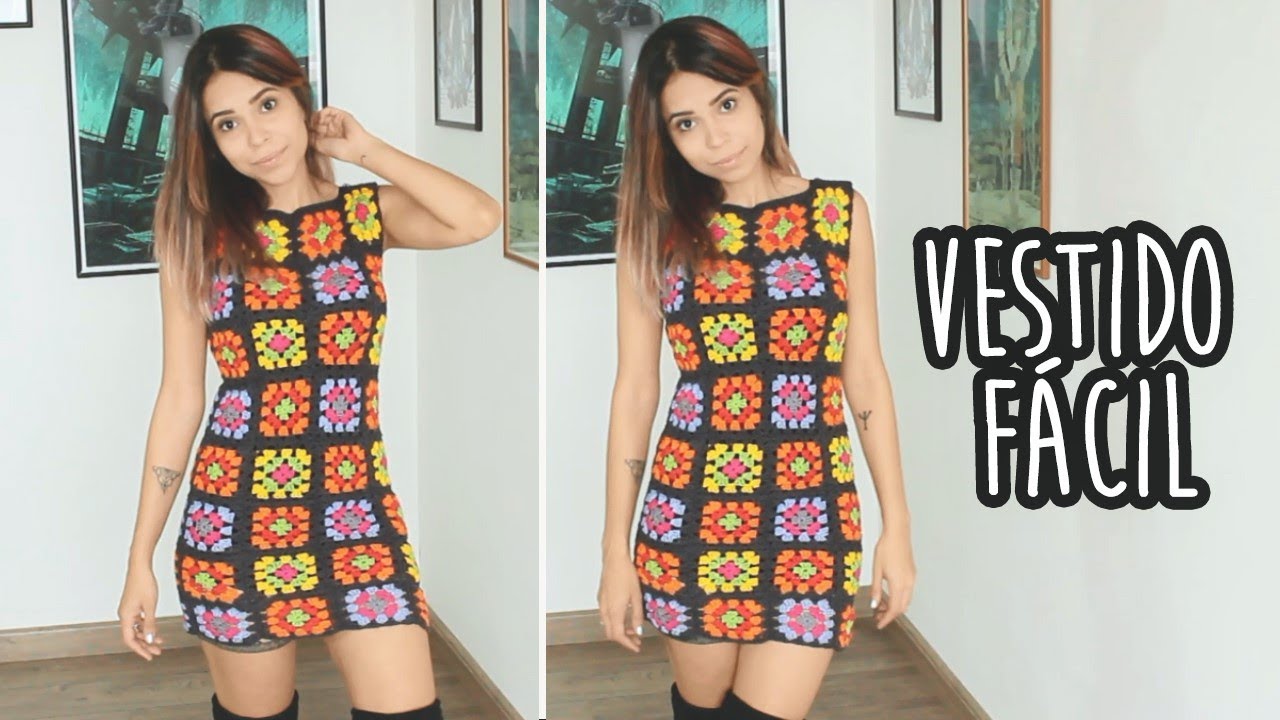 vestido em square de croche com grafico