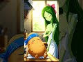 green okra girl character (Bhindi) with long leafy green hair and a pink ribbon is cleaning herself