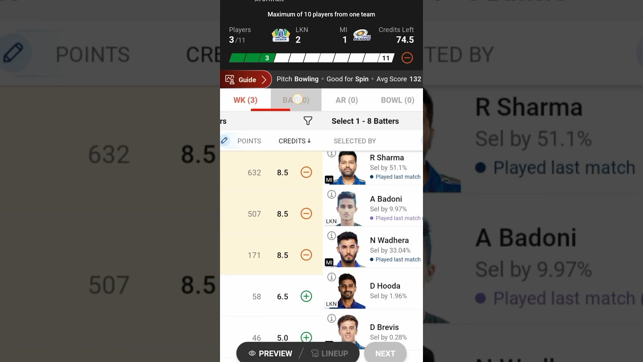 MI vs LSG PITCH REPORT || DREAM 11 TEAM 