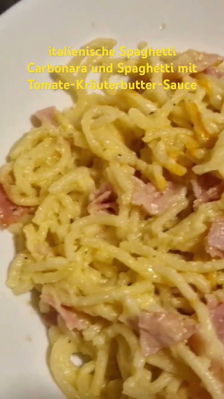 italienische Spaghetti Carbonara und Spaghetti mit Tomate-Kräuterbutter ...