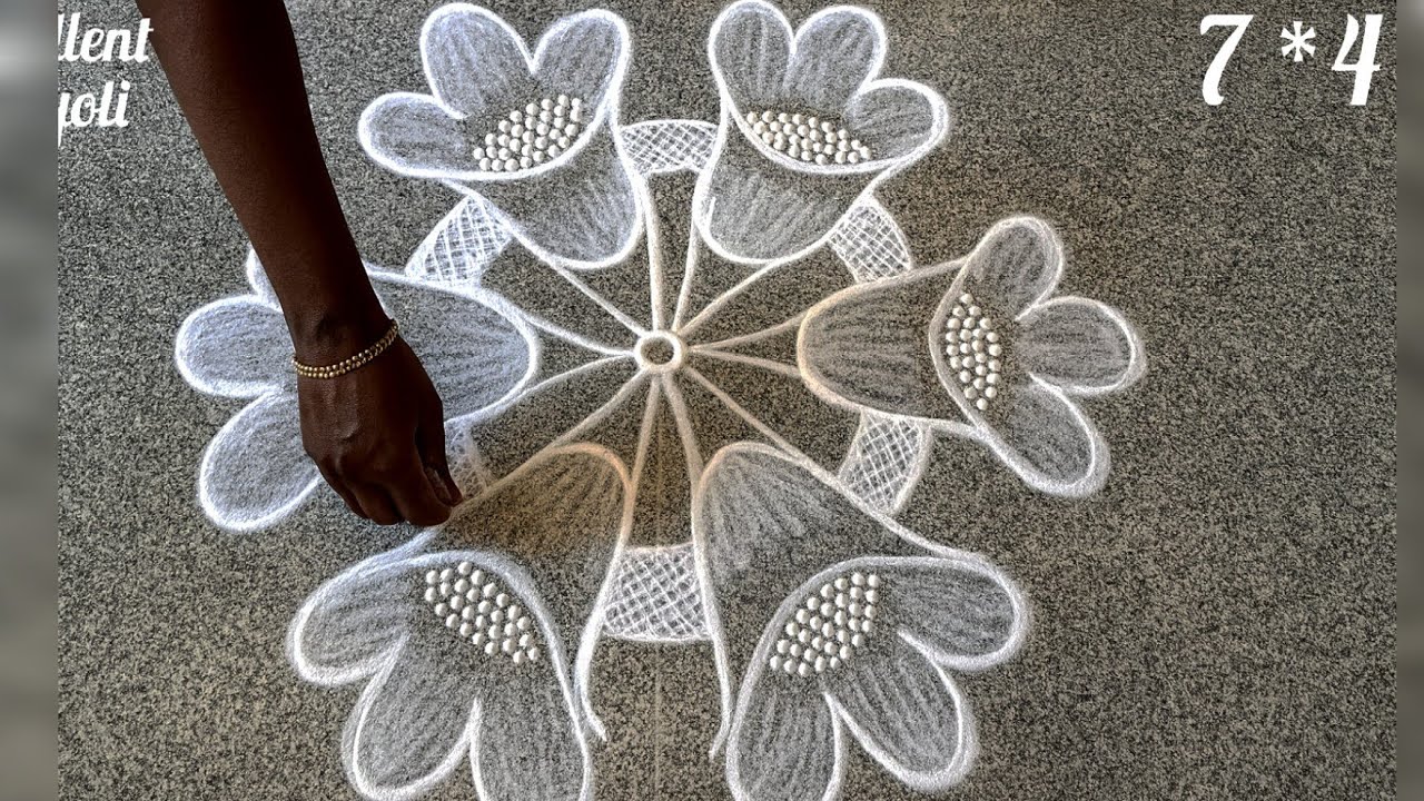 3D flower rangoli | 7*4 dots magic poo kolam | daily use kolam design @Excellent Rangoli