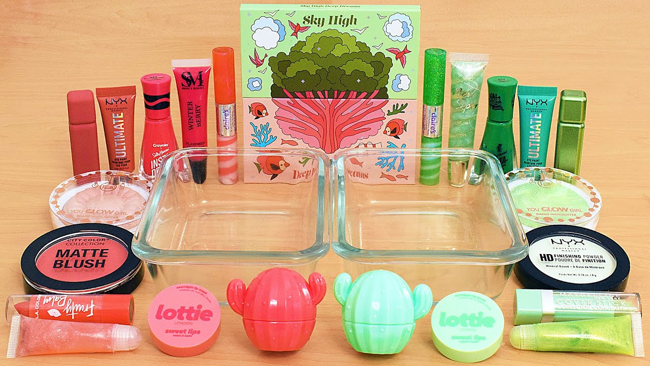 Coral Red vs Sage Green - Mixing Makeup Eyeshadow Into Slime ASMR