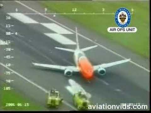 www.aviationvids.com Incident is a Boeing 737 landing at Birmingham, UK with the right landing gear missing, after tearing off the starboard gear when attempting to land at East Midlands Airport in bad weather. The pilot missed the runway and landed in the grass, doing extensive damage to the aircraft. He was able to fly some 40 miles to Birmingham, where the incident was caught on video by the West Midlands Police helicopter.