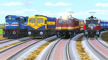 4 TRAIN CROSSING CURVED LINES AT BUMPY TRACKS | Beamng.Drive | Train Simulator