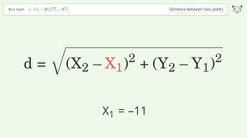 Find the distance between two points p1 (-11,-20) and p2 (77,-97): Step-by-Step Video Solution