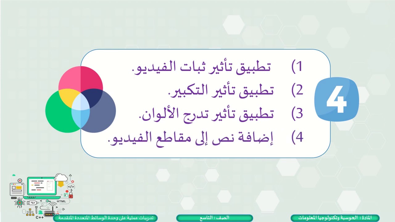 الصف التاسع-الحوسبة وتكنولوجيا المعلومات-تدريبات على المهارات العمليةلوحدة الوسائط المتعددة المتقدمة