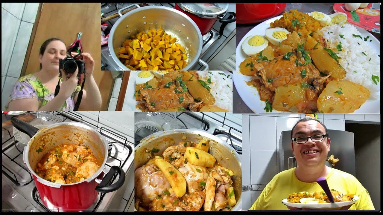 Frango Cozido com Batatas/Abóbora Cabotia Refogada