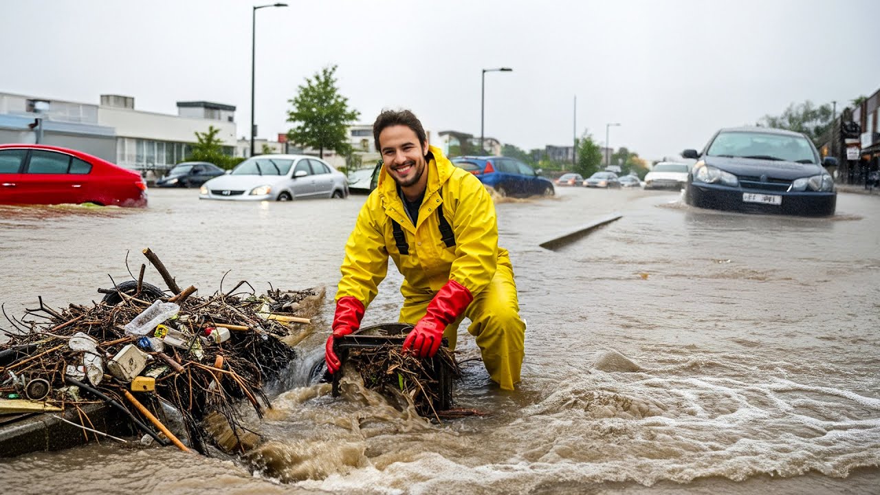 Massive Street Flood Vanishes After Drain Unclogged! - YouTube