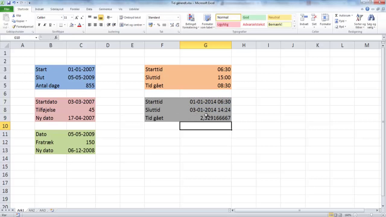 arbejder du med tid i Excel (dage, minutter) -