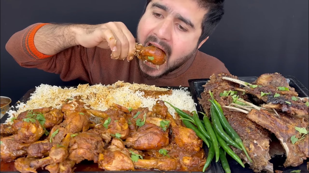 ASMR; EATING SPICY CHICKEN LEGS CURRY+MUTTON CHOPS TIKKA+RICE+GREEN CHILLIES ｜｜ REAL MUKBANG