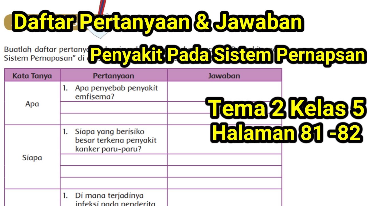Daftar Pertanyaan Dan Jawaban Bacaan Penyakit Pada Sistem Pernapasan Tema 2 Kelas 5 Halaman 81 82 Youtube<script async src=