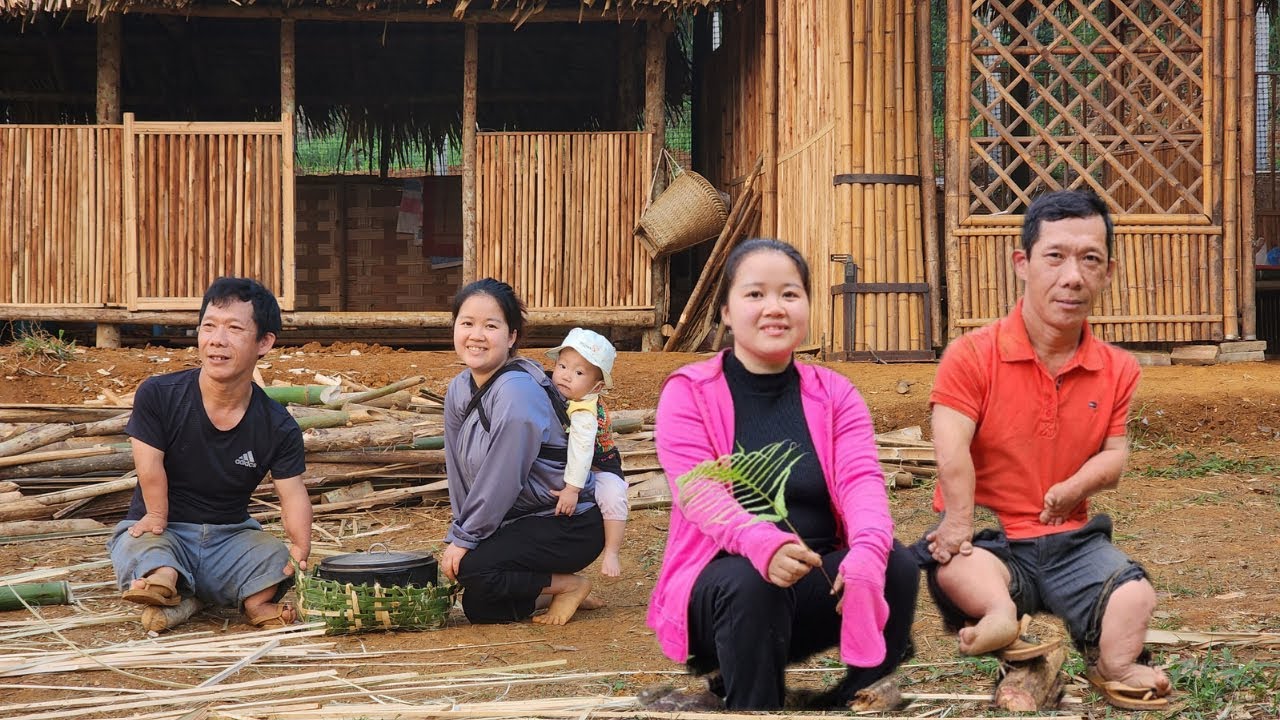 Disabled father makes bamboo rice cooker lining. girl gardening and ...