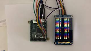 A pyboard1.1 running my MicroPython demo pyb_scroll.py on 240x320 ST7789 TFT display.