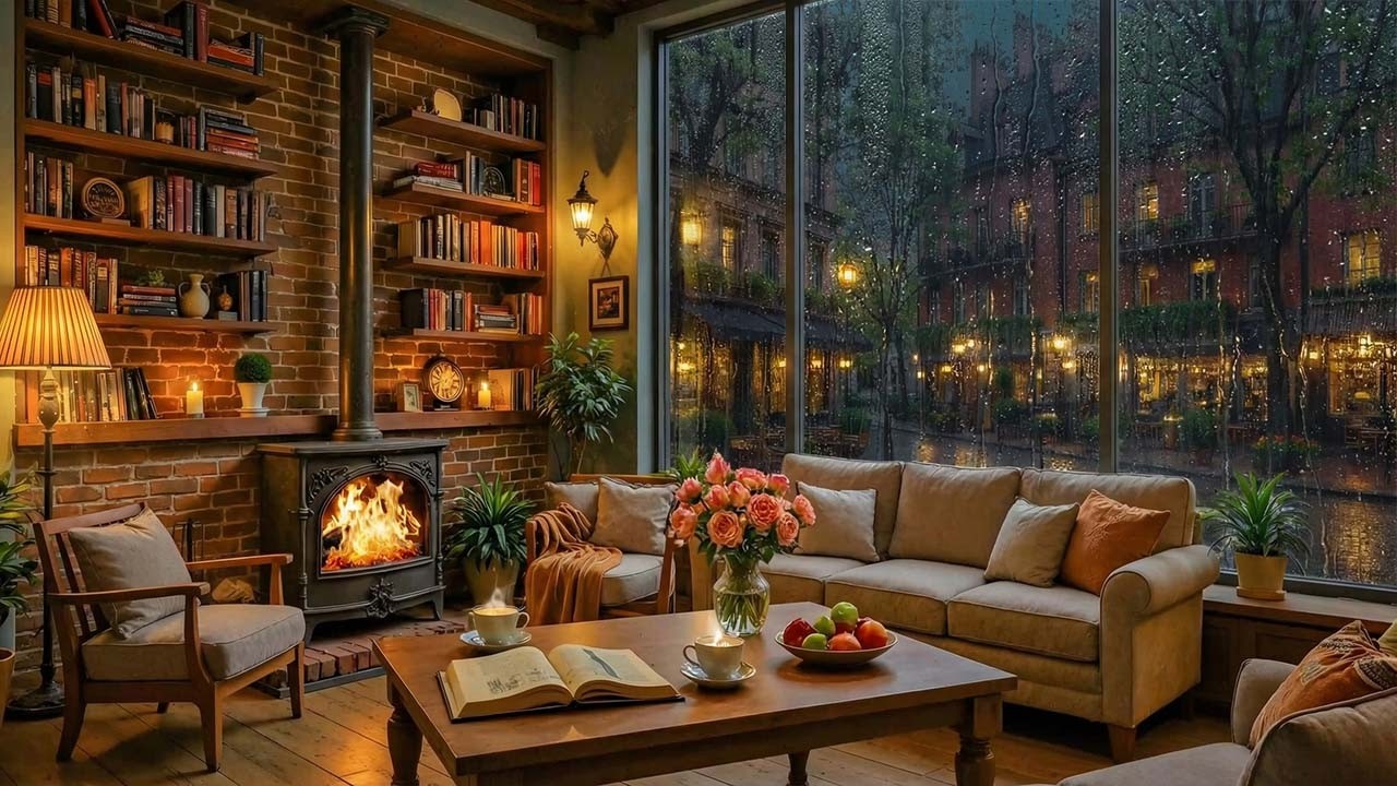 Cozy Rainy Night Piano Ambience for Study & Work | Warm Jazz with Fireplace Crackling Sound